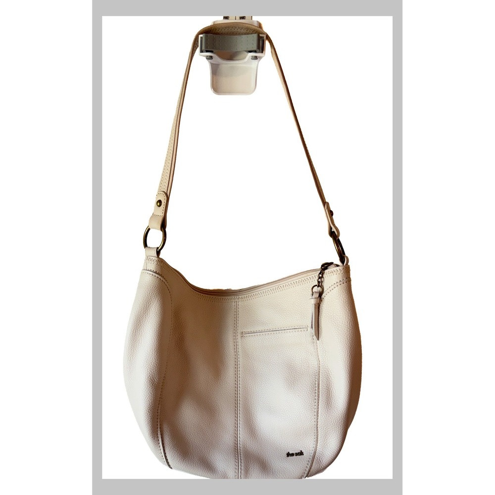 The Sak Cream Pebbled Leather Hobo Shoulder Bag Embossed Floral Off White